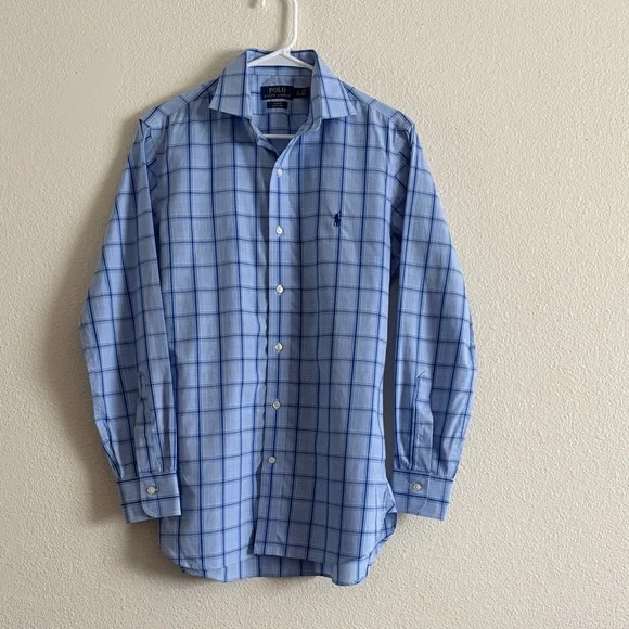 Polo Ralph Lauren Men’s Slim Fit Dress Shirt blue check Sz 32/33 - Picture 1 of 8